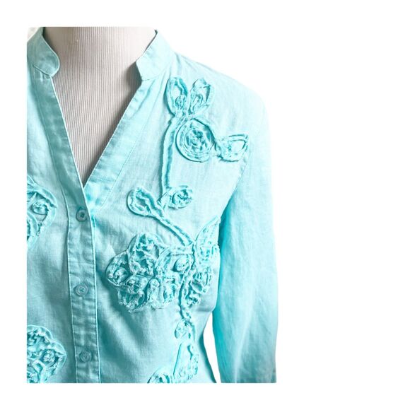 Charter Club Women Teal 100% Linen Embroidered Button Down Casual Blouse 10P - Picture 6 of 9